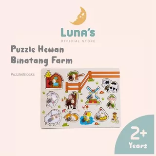 Luna`s Puzzle Kayu Knob Papan Kayu Hewan Binatang Farm Mainan Edukasi Anak