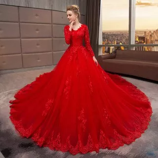 Gaun pengantin / Gaun malam ekor merah evening dress merah train ballgown wedding dress