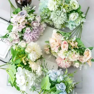 Bunga Artificial 7 Tangkai Mix Hydrangea Peony Pompom Rose Peony Buket Bunga Plastik Kualitas Premium