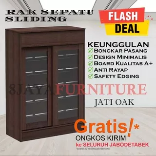 Rak / Lemari Sepatu Lunar Huga 425 Jati Tua Pintu Sliding Kayu Kaca