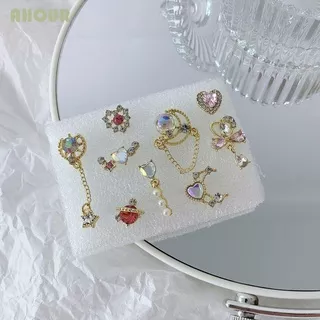AHOUR 9pcs/set Korean Dangle Earrings Vintage Crystal Women Stud Earrings Set Heart Pearl Party For Girls Star Sweet Ziron Ear Jewelry/Multicolor