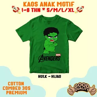 KAOS ANAK DISTRO TSHIRT MOTIF KARAKTER GAMBAR PAHLAWAN SUPER HERO KARTUN CARTOON BAJU ATASAN LAKI LAKI PEREMPUAN COWO CEWE COWOK CEWEK CLOTHING KLOTING MURAH TERLARIS USIA UMUR  1 2 3 4 5 6 7 8 TAHUN TAUN KARTUN CARTOON 30S PLASTISOL HIJAU HULK AVENGERS