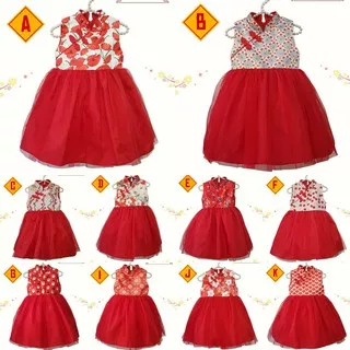 Dress Cheongsam Anak Perempuan Impor MA 18 Gaun Anak Baju Pesta Satin Tile Merah