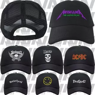 topi trucker/jaring logo band nirvana,deadsquad,seringai,metallica,motorhead,acdc,misfits