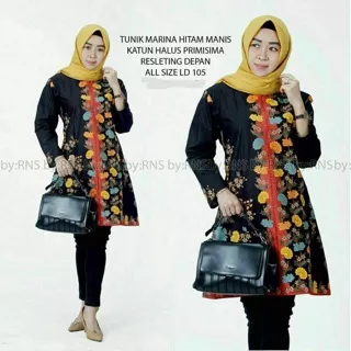 Tunik Marina Hitam Manis Cibulan Batik Bunga Floral Longblouse