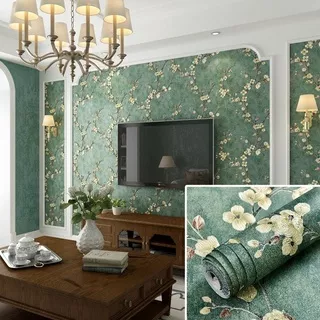 Wallpaper Dinding Murah / Wallpaper Sticker Bunga Sakura Dasar Hijau / 45cm x 9-10m