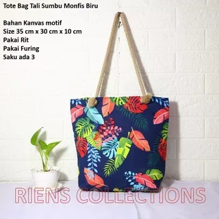 TOTEBAG KANVAS TALI SUMBU MOTIF MONFIS BIRU. TAS WANITA KANVAS. TAS JOGJA. Riens Collections