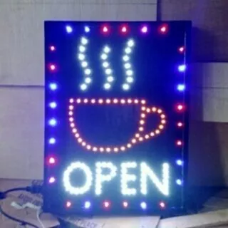 Papan Tulisan OPEN Cafe COFFEE Logo Asap Cangkir Milenial Lampu Led Sign Display - MURAH