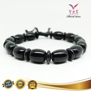 Gelang Batu Giok China Asli Hitam 8mm Oval Pipih - VeE Gelang Tali Terapi Kesehatan