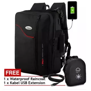 Free Shipping - Tas Backpack POLO Laptop 3in1 Multifungsi USB Charger PHB3100 Tas Pria Tas Ransel Tas Laptop Tas USB Charger (Bisa Ransel Bisa Selempang dan Tas Kantor) + Raincover