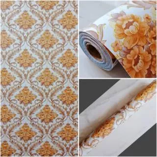 Wallpaper dinding kamar tidur ruangan termurah batik bunga coklat gold bagus cantik elegan