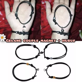 ( diolyn.id) Gelang couple magnet + huruf / alphabet / inisial nama | tali kulit hitam waterproof / anti air dadu hitam putih coklat gelang sahabat / pasangan / pacar