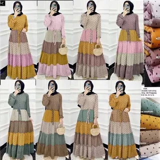 Gamis Tiramisu Pelangi Maxy Ceruty Babydoll Wanita Pelangi Full Furing Busui Polkadot Onde Syari Muslimah