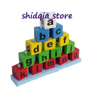 Mainan Kayu Edukasi Menara Balok Susun Piramid Warna hijaiyah, angka dan huruf anak TK (PAUD)