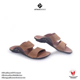 ATTAYA DESIGN Sandal Pria Casual Bahan Kulit Asli Kekinian Berkualitas Model Selop 2BAN