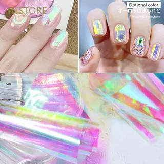 INSTORE Colorful Aurora Broken Glass Foils Nail Stickers Laser Cellophane Nails Art Decoration 5 Colors Mirror Glitter Decal Transfer Paper DIY Nail Foil Film