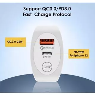 PD Qc 3.0 Adapter Charger Dual Usb 25w Type C ( Support Fast Charge Iphone 12 & 13 dan Samsung )