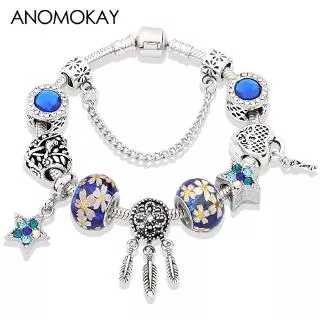 Silver Dream Catcher Bracelet Charm Heart Key Dark Blue Crystal Bead Bracelet Pentagram Bracelet