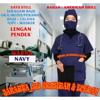 Baju seragam oka lengan pendek navy / Baju perawat / Baju operasi / Baju bidan / bahan americandrill