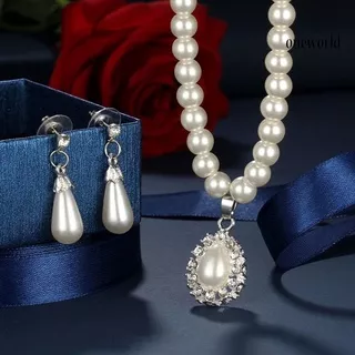 OW@ Water Drop Shape Pendant Faux Pearl Beaded Necklace Earrings Bridal Jewelry Set
