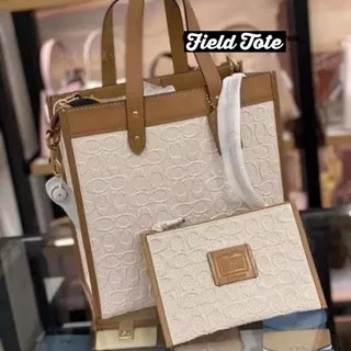 Coach Field Tote In Signature Canvas Emboss White with Pouch