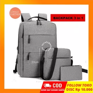 LP B10 Tas Ransel Pria & Wanita Backpack Laptop Model Korea Import Ori USB 3 in 1 13 14 Inchi Leptop Asus Acer Lenovo HP Power Bank Charger Tali Selempang Kantong Pouch Botol Air Minum Besar Warna Hitam Abu Casual Premium Laki Cowok Cewek Perempuan Kasual