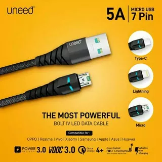 UNEED Bolt IV LED Kabel Data 5A PD 3.0 QC 4+ VOOC 3.0 Micro Usb / Type-C / Lightning Fast Charge iPhone Dual Engine Fast Charging, Dash Charge, SCF Huawei, Power Delivery 3.0, Quick Charge 4+ / 3.0 - Original Garansi Resmi UCB41 Black - Round Pouch Cable