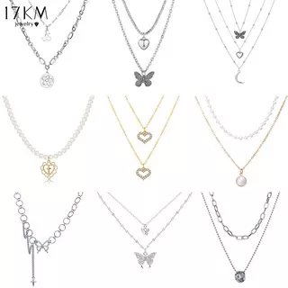 17KM Korean Heart Butterfly Pendant Necklace Fashion Pearl Chain Choker Silver Necklaces Women Jewelry Accessories