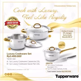 Tupperware Luxury Cookware Set Casserole 2,5L & Saute Pan 3,5L Free Sauce Pan 1,5L - Panci Stainless Steel Premium Quality