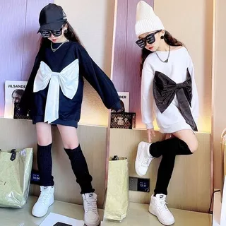 Dress Anak Perempuan Premium Import Sweater Ribbon Black/White Daphe BIg Bow MiniDress Anak Korean Style