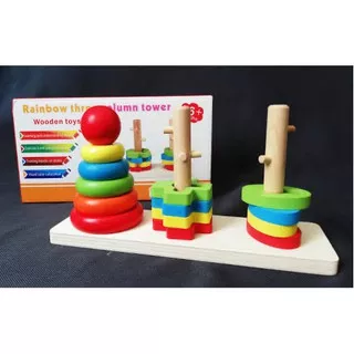 Mainan Kayu Wooden Shape Block Montesori Rainbow Three Column Tower