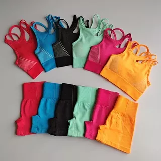 Seamless Yoga Set 2 Pcs Sports Suit Female Workout Clothes Sports Bra+High Waist Gym Shorts Running 