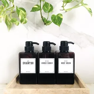 HOME LIVING 450ml Bathroom Bottle Aesthetic + Stiker Minimalis Botol Kotak Pump Plastik Refill Shampoo Soap Dispenser Sabun Lotion Detergent Toiletries Daily Cleanser