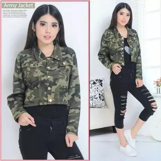 [ Bisa COD ] Asia Mode Jaket Jeans Army Crop Wanita / Jaket Jeans Body Pendek Loreng Cewek