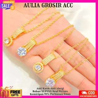 KALUNG TITANIUM GOLD KALUNG TITANIUM MURAH AKSESORIS WANITA AKSESORIS FASHION Kalung Liontin Lapis Emas Full Permata Zircon Perhiasan KLE56