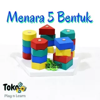 Mainan Edukasi Anak - Menara 5 Bentuk Balok Kayu Wooden Geo Shape Tower