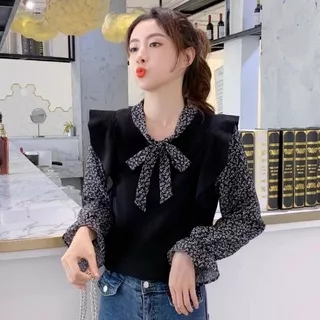 Belvy Tie Neck Knit Top Belvy Combine Crop Top Wanita Korean Style - Blouse Lengan Baloon Ruffle Wanita