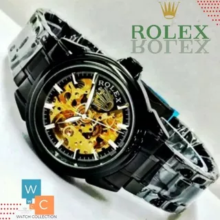 Jam Tangan Rolex Pria Automatic Rantai steinleiss Steel Boysize Hitam 3.9cm Transparan FullBlack Semi Super (Free Box )