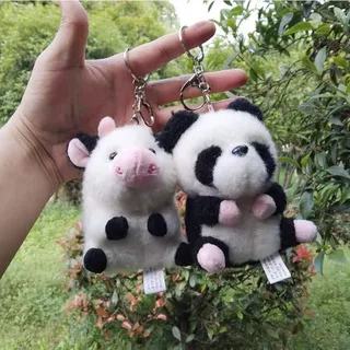 Gantungan Kunci Bentuk Boneka Kartun Sapi / Panda Bahan Plush