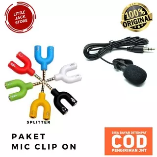 Paket Mic Clip On Microphone 3.5mm Mikrophone Klip + Audio Splitter Paket Youtuber Vlog Smule