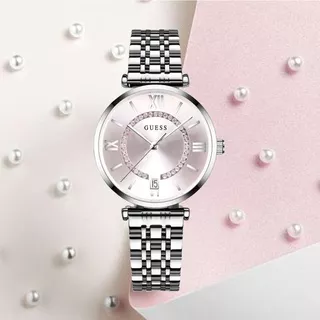 Jam Tangan Wanita GUESS Bulat Stainless / GUESS Jam Tangan Quartz dengan Strap Stainless Steel