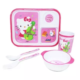 Vanda Hello Kitty Set Tempat Makan Anak Melamin Mangkuk Gelas Sendok Piring SNI