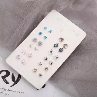 12 Pairs/set Studs Earrings Moon Stars Flower Stud Earring Crystal Earrings