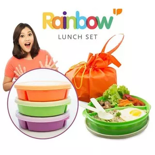 Rainbow Lunch set tempat makan bulat 3pcs 3 pcs + tas sendok garpu makan warna warni sekat ungu oren