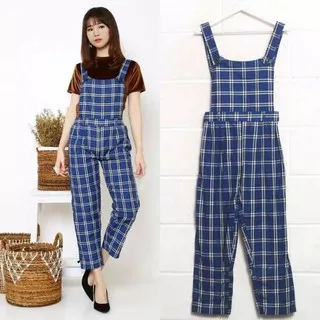 CELANA OVERALL TARTAN KOTAK - jumpsuit motif square fashion wanita muslimah