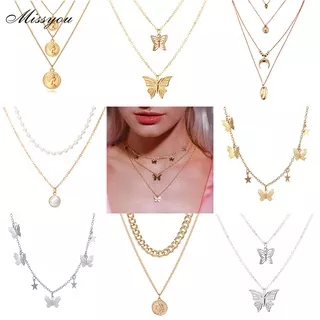 Fashion Butterfly Multilayer Pendant Necklace Gold Silver Necklaces Chain Choker Women Girls Jewelry Accessories