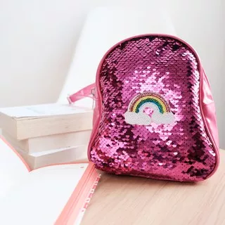 Tas Ransel Sekolah Anak Rainbow Pink Beads Manik Glitter Bagpack Unik