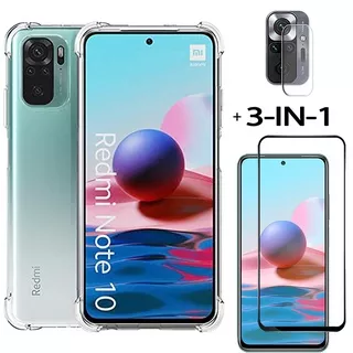 Xiaomi Redmi Note10s Note10 Note 10s 9s 10 9 Pro Redmi 9T 9 9C 9A 3-in-1 9H Screen Protector + Camera Lens Glass + Airbag TPU Phone Case Soft Clear Anti Shock Cover Heavy Duty Protection