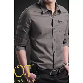 Promo Cuci Gudang Miller Dark Grey Ot Pakaian Pria Kemeja Slim Fit Warna Abu Tua - Abu-Abu, Xs Best