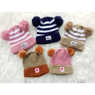 TOPI RAJUT POMPOM BEAR SALUR / KUPLUK BAYI / TOPI RAJUT ANAK HANGAT